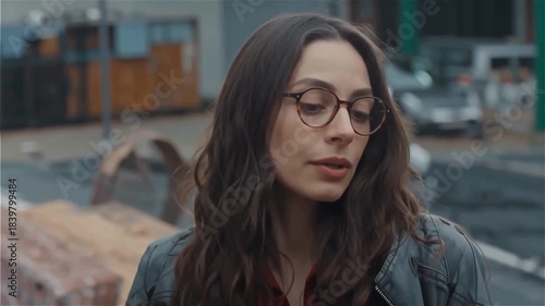 Thoughtful Woman in Glasses on City Street | Moody Urban Portrait Vibe | Authentic Street Moment Amidst Industrial Background

