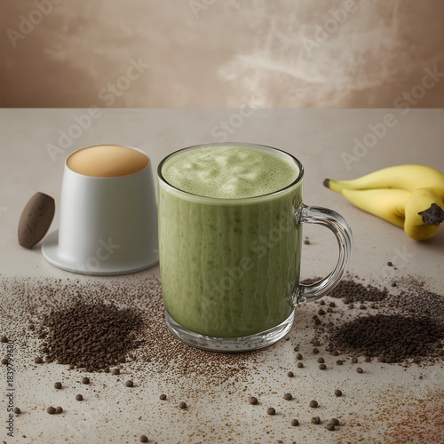 A warm cup of matcha latte with beautiful latte art, placed on a cozy breakfast table featuring toast, pastries, and a glass of orange juice.