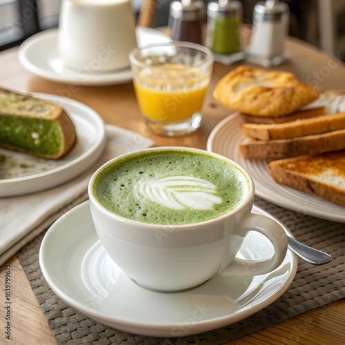 A warm cup of matcha latte with beautiful latte art, placed on a cozy breakfast table featuring toast, pastries, and a glass of orange juice.