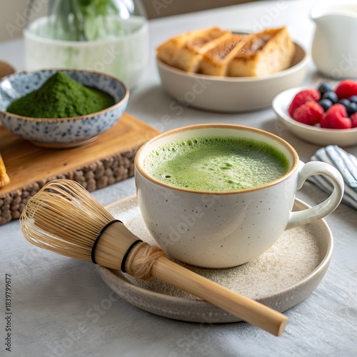 A warm cup of matcha latte with beautiful latte art, placed on a cozy breakfast table featuring toast, pastries, and a glass of orange juice.