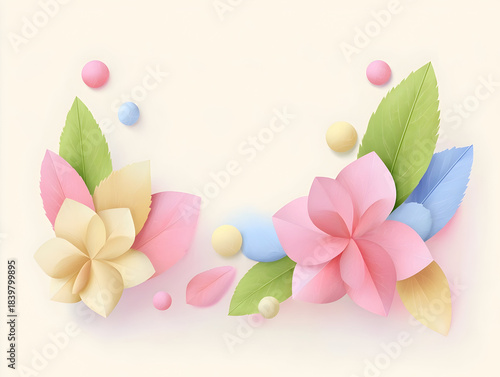 Luxurious pink and green blooms flowers nestling amid delicate pink beads, crafting sophisticated floral composition against soft neutral backdrop, copy space