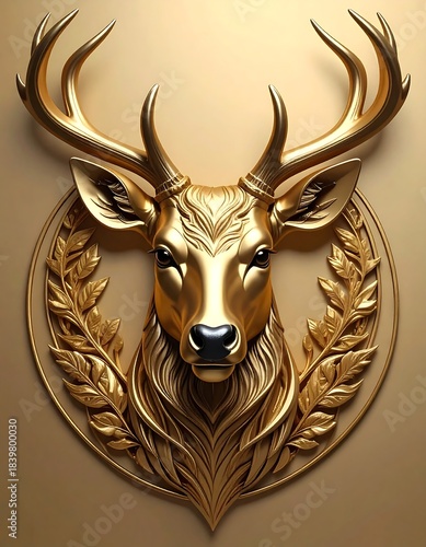 Regal golden deer bust, encircled by laurels, against a radiant gold backdrop