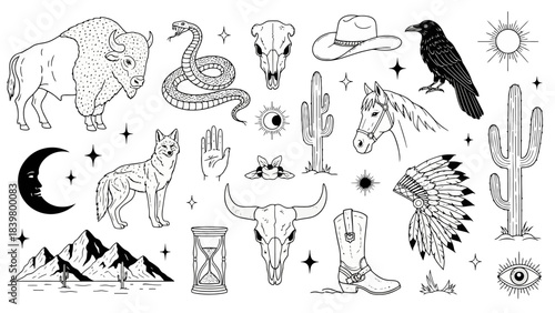 Western Boho Elements Collection: Buffalo, Coyote, Horse, Cactus, Skulls, Moon