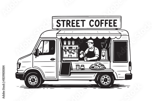 A clean vector illustration shows a mobile street coffee truck with a neat service window, offering drinks in a simple food and beverage setup designed for easy movement for urban coffee joy
