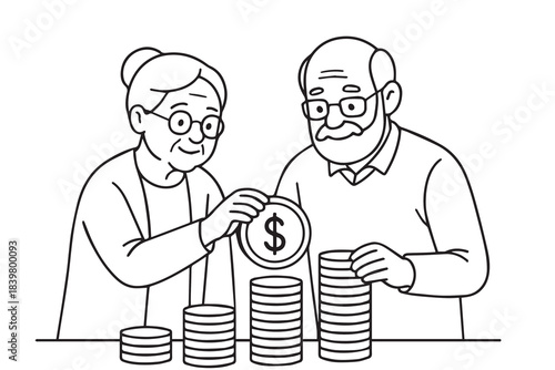 A simple vector illustration shows an elderly couple collecting coins on a table, gently gathering them into a small jar to represent the saving concept in a calm, warm, and minimalist visual style.