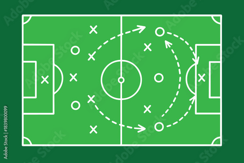 A clean vector graphic presents a football strategy sketched on a green field chalkboard, including field markings, organized player positions, and sweeping tactical arrows illustrating planned action