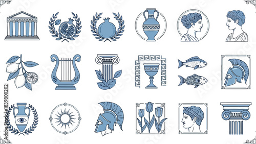 Greek Mythology Icons: Columns, Pomegranate, Lyre, Helmets, and Portraits