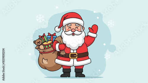 Festive Cheer: Santa Claus, the symbol of holiday joy, waves warmly, his bag overflowing with presents against a backdrop of falling snowflakes, spreading holiday spirit.