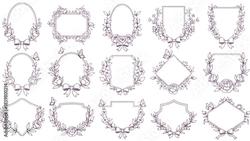 Collection of Elegant Floral Oval and Rectangular Frames with Bows and Butterflies