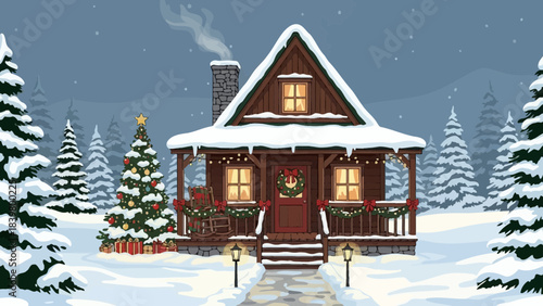Cozy Cabin in Snowy Wonderland: A charming cabin stands nestled in a picturesque winter landscape, the air filled with the gentle fall of snowflakes.