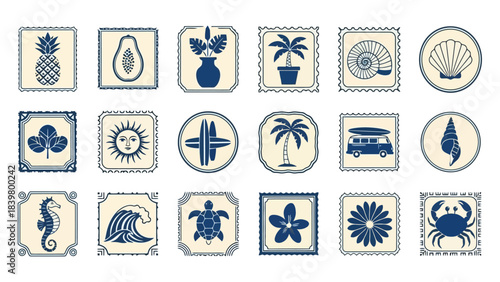 Set of Vintage Tropical Summer Icons and Symbols in Flat Design
