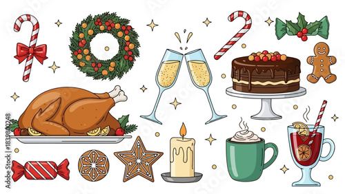 Christmas Festive Food and Drink Collection: Turkey, Cake, Hot Chocolate, Mulled Wine, Candy