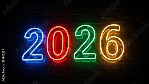 Neon 2026: The glowing 2026 illuminates the night with its vibrant colors, casting a futuristic aura on the brick wall. It represents anticipation and the promise of a fresh year. 