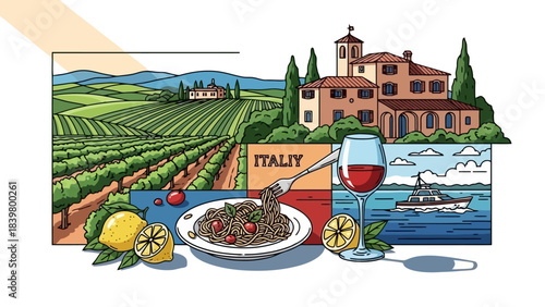 Vibrant Italian Landscape with Vineyard, Villa, Pasta, Wine, and Yacht