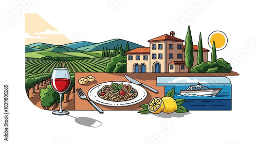 Italian Vineyard Landscape with Villa, Pasta, Wine, Boat, and Lemons