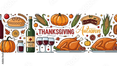 Thanksgiving and Autumn Festive Food and Drink Collection Vector Illustration