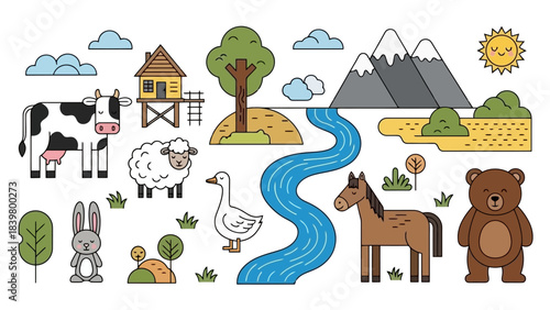 Charming Flat Design Farm Animals, River, Mountains, and Sun, Children's Illustration