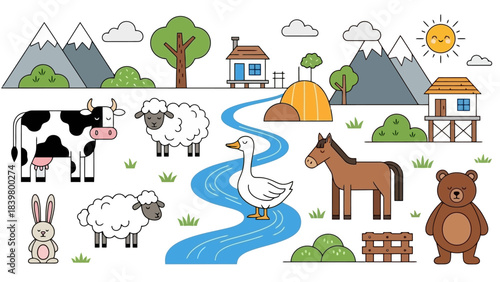 Cute Farm Animals and Landscape Vector Illustration with Mountains and River