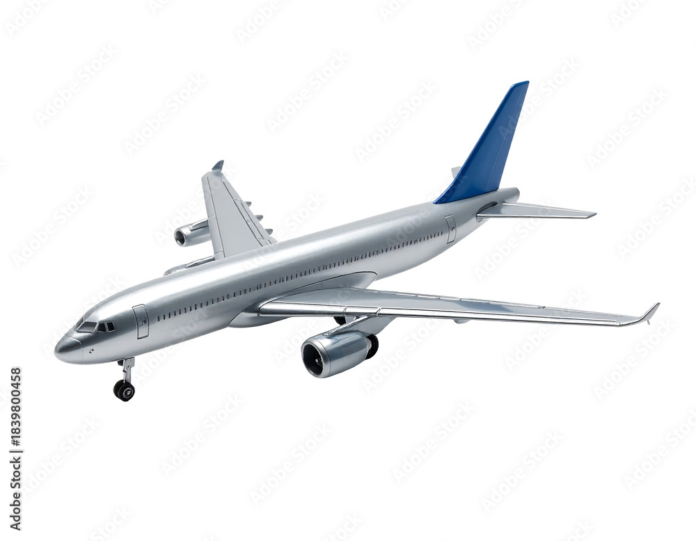 Obraz premium Sleek Metallic Airplane Model with Blue Tail Fins