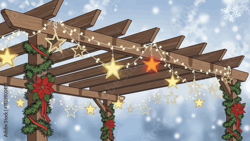 Christmas Pergola: A beautifully decorated wooden pergola, adorned with festive star lights and garland against a snowy backdrop, capturing the joy of holiday season