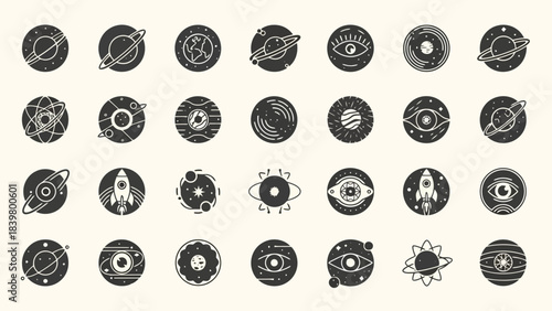 Collection of Minimalist Space and Abstract Eye Icons in Circular Frames
