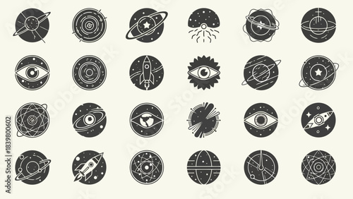 Cosmic Planets and Spaceships: Minimalist Vector Icons Set for Science and Space Exploration
