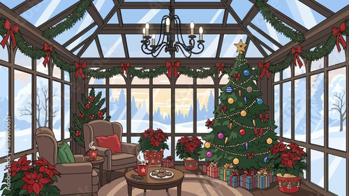 Christmas Conservatory: An inviting conservatory, filled with Christmas cheer and festive decorations, offers a cozy retreat during the winter season.