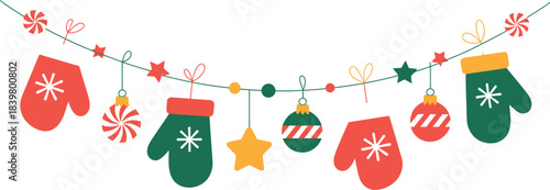 Christmas garland with mittens ornaments and stars