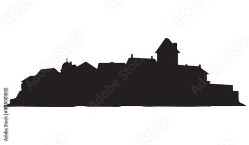  Dark silhouette of a grand historic castle on a hill against a white background silhouette