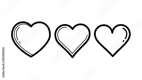 Three Hand-Drawn Heart Icons with Outline, Vector Illustration on White Background