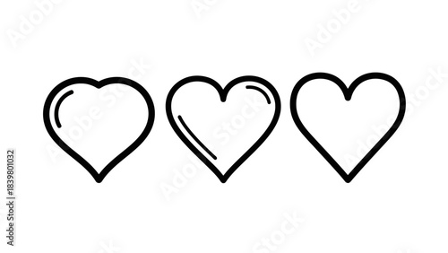 Three Stylized Hearts Outline Icons on White Background, Love Concept