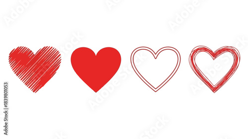 Set of Red Hearts with Different Styles: Solid, Outline, and Textured