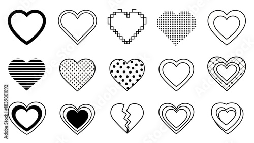 Collection of Diverse Heart Shapes Vector Illustrations, Symbols of Love and Emotion