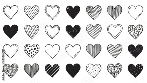 Collection of Hand-Drawn Hearts in Various Styles, Doodles and Designs