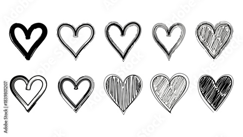Set of Hand-Drawn Hearts in Various Styles and Fillings on White