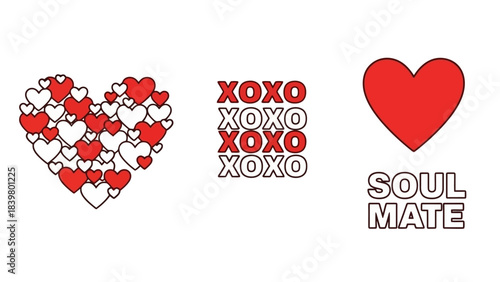 Collection of Valentine's Day Symbols: Hearts, XOXO Text, and "Soul Mate" Message