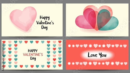 Set of Four Valentine's Day Themed Banners with Hearts and Romantic Messages