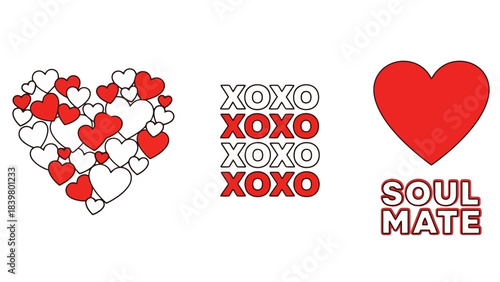 Valentine's Day Collection: Hearts, XOXO, and Soulmate Text with Red and White Accents