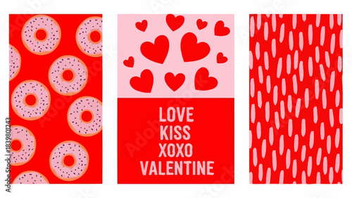 Valentine's Day themed graphic design with hearts, donuts, and abstract patterns