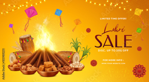 Lohri Sale Banner with Bonfire, Kites, Dhol and Traditional Punjabi Sweets