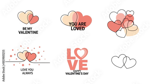 Set of Minimalist Valentine's Day Heart Graphics with Romantic Text