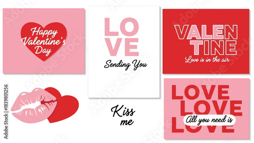 Collection of Five Valentine's Day Themed Vector Illustrations with Hearts and Lips