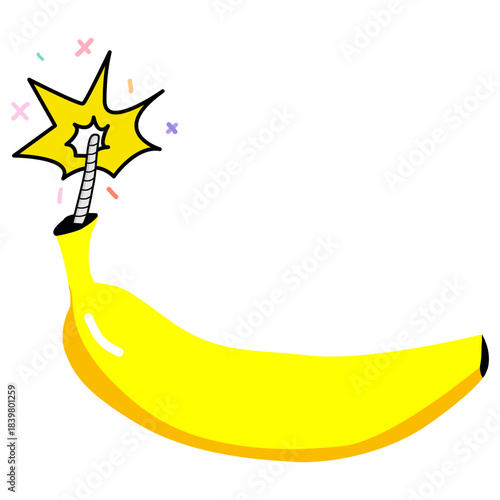 Cartoon Banana with Fuse Firework sticking out of the top. Illustration.