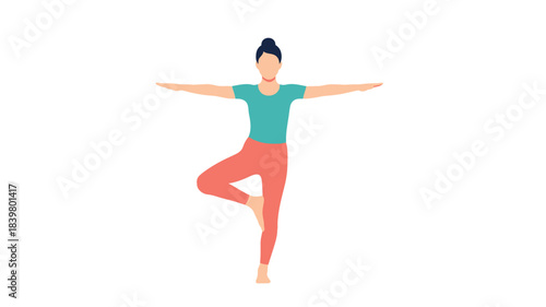 Woman practicing tree pose yoga illustration with arms outstretched and one leg bent