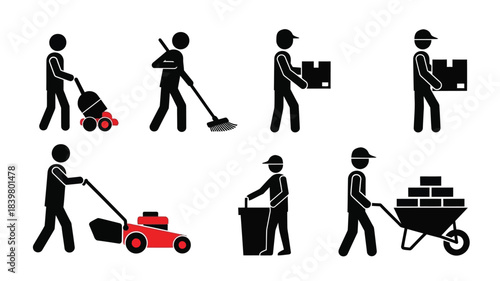 Stick figure depictions of various labor and everyday tasks