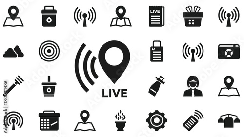 Collection of various black silhouette icons representing technology and communication