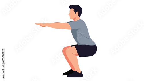 Illustration of a man performing a squat exercise in a fitness setting