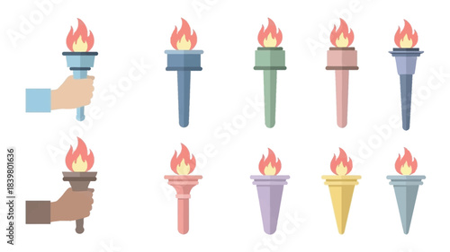 A collection of colorful cartoon torches with vibrant flames held and standing