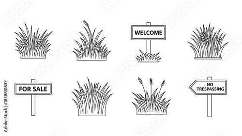 Line art illustration of grass patches and welcome for sale no trespassing signs