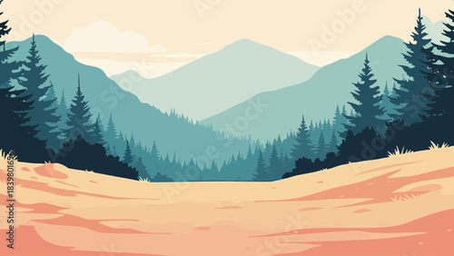 empty foreground alpine mountain landscape with forested peaks and a clear winter sky